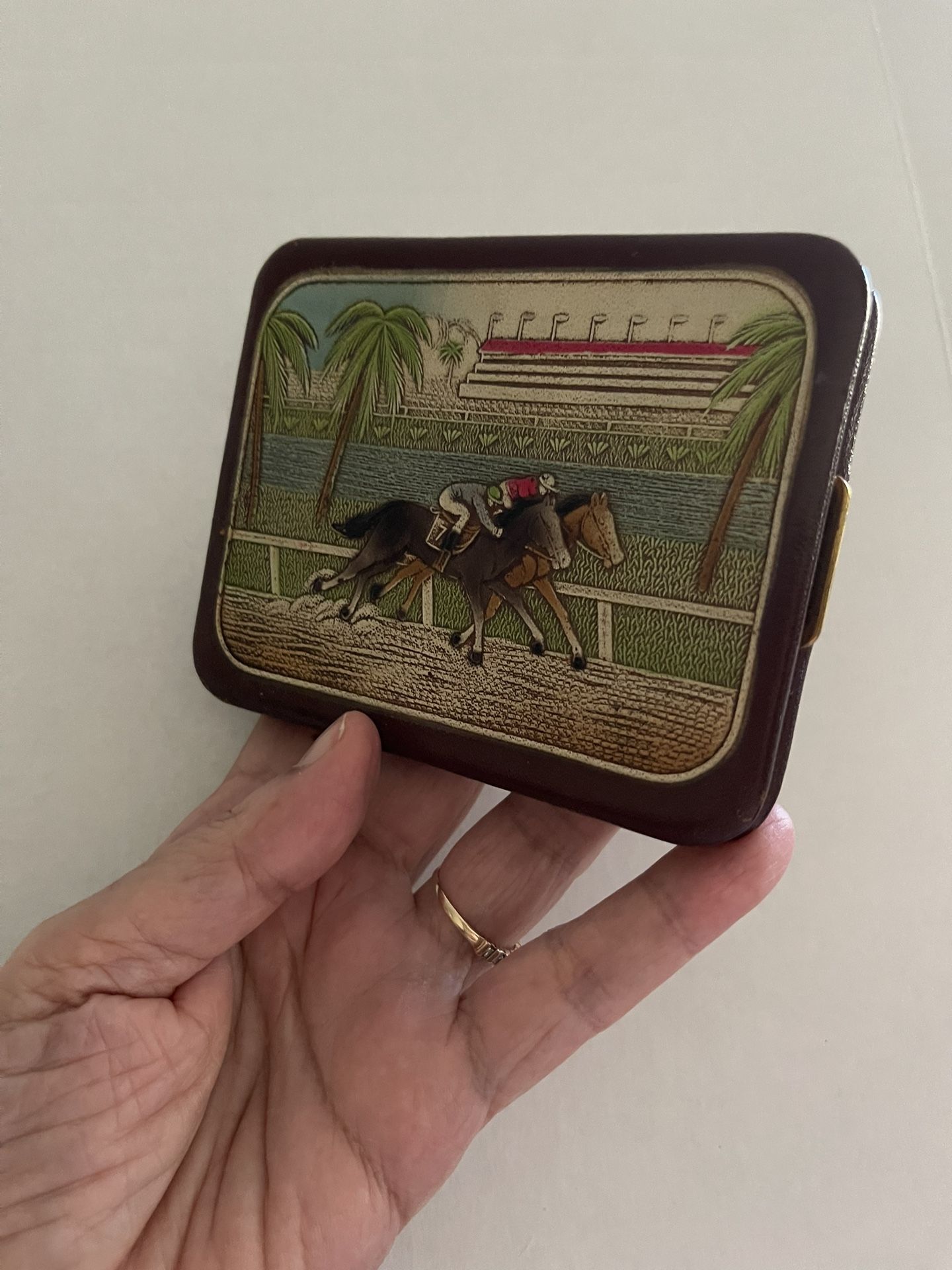Antique 1930’s Cigarette/wallet Leather With Silk Handpainted Florida Racetrack Scene Rare🎁