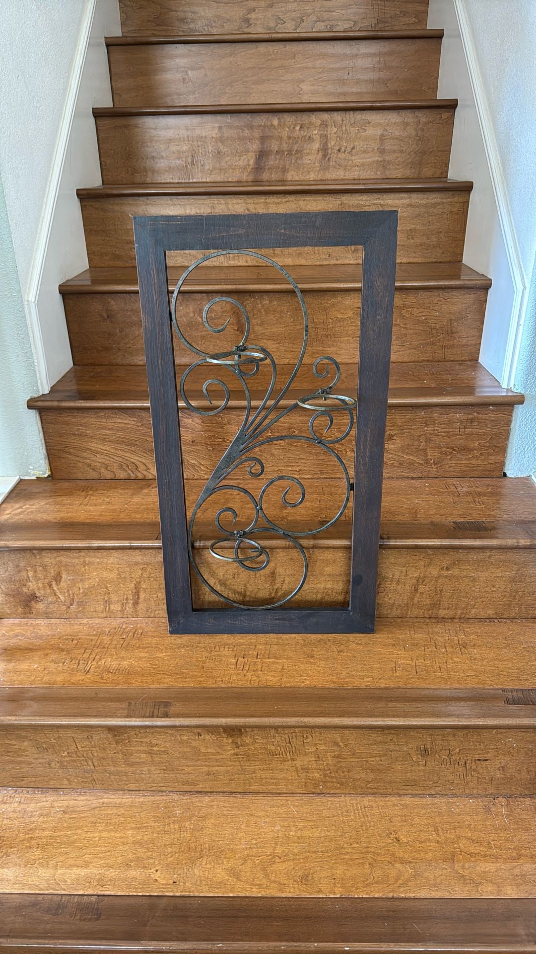 Wood Framed Wrought Iron Hanging Wall Candle/Plant Holder 30”x16”