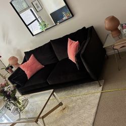 2-Cushion Black Velvet Sofa – 79” with Brass Legs