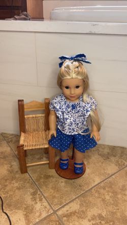 Handmade Blue Floral Doll Outfit for 18" Dolls | Polka Dot Shorts & Hair Bow