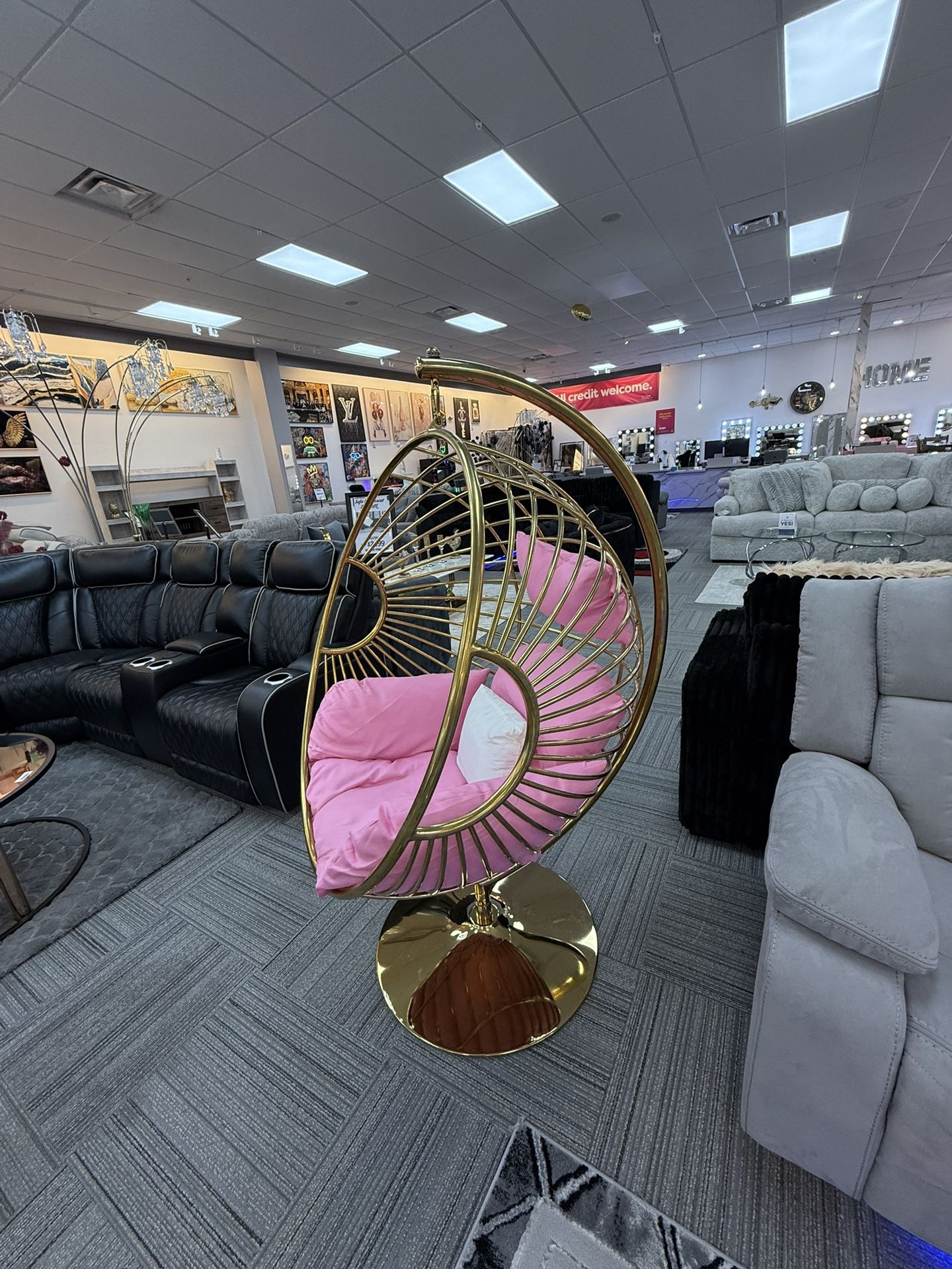 Luxury Gold Egg Chair with Pink Cushions – Modern Statement Piece