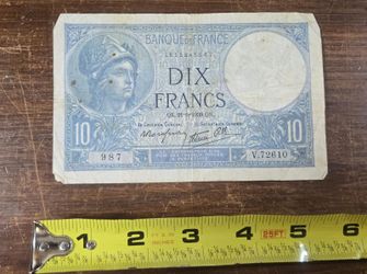 French Blue Banknote 10 Francs Minerve Issued Between 1939 and 1942 Vintage