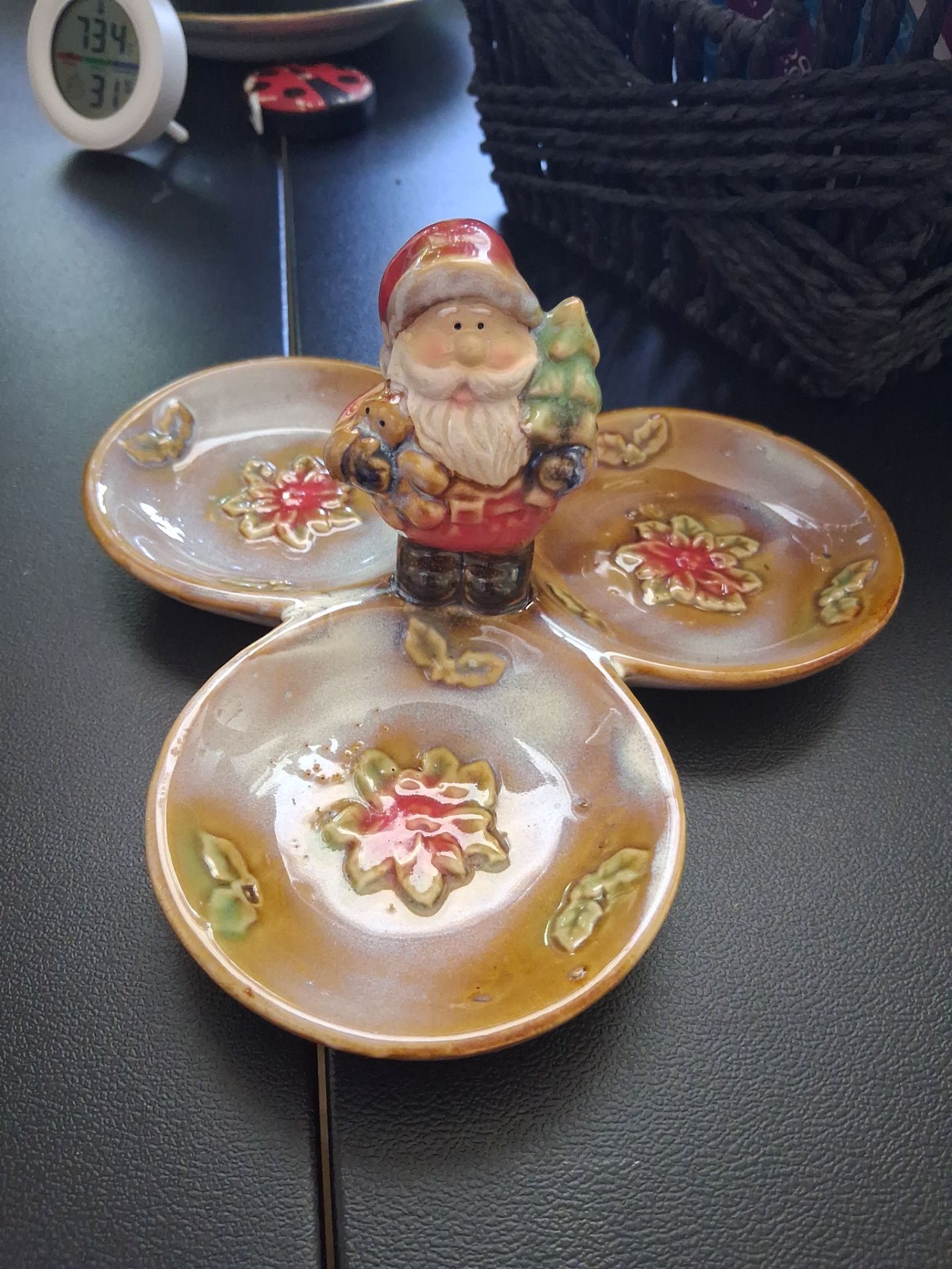 Stoneware Ceramic Santa Divided Candy dish with Pointsettia