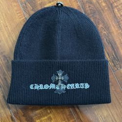 Chrome Hearts Black Ribbed Knit Beanie w/ Leather Cross Patch