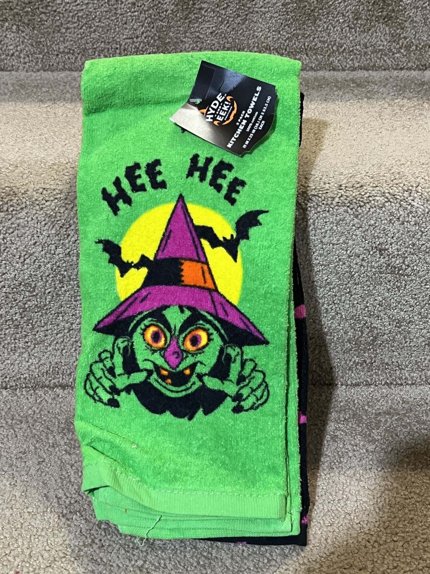 2 Pk Green Pink Black Halloween Witch Cackling Kitchen Towels Hee Hee Hyde & Eek