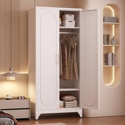 71" Tall Metal Storage Cabinet with Hanging Rod and Adjustable Shelves, Clothes Wardrobe Cabinet, White Armoires