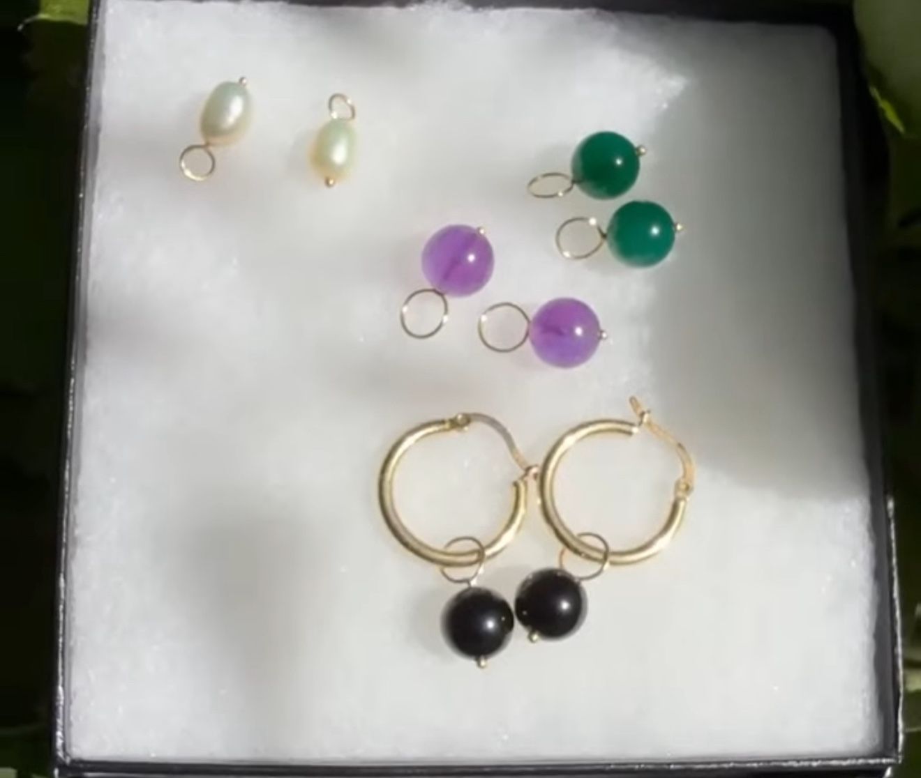 14k Solid Gold Huggie Earrings With 4 Pairs Of Gemstone Dangles On 14k Gold Loops/Stems