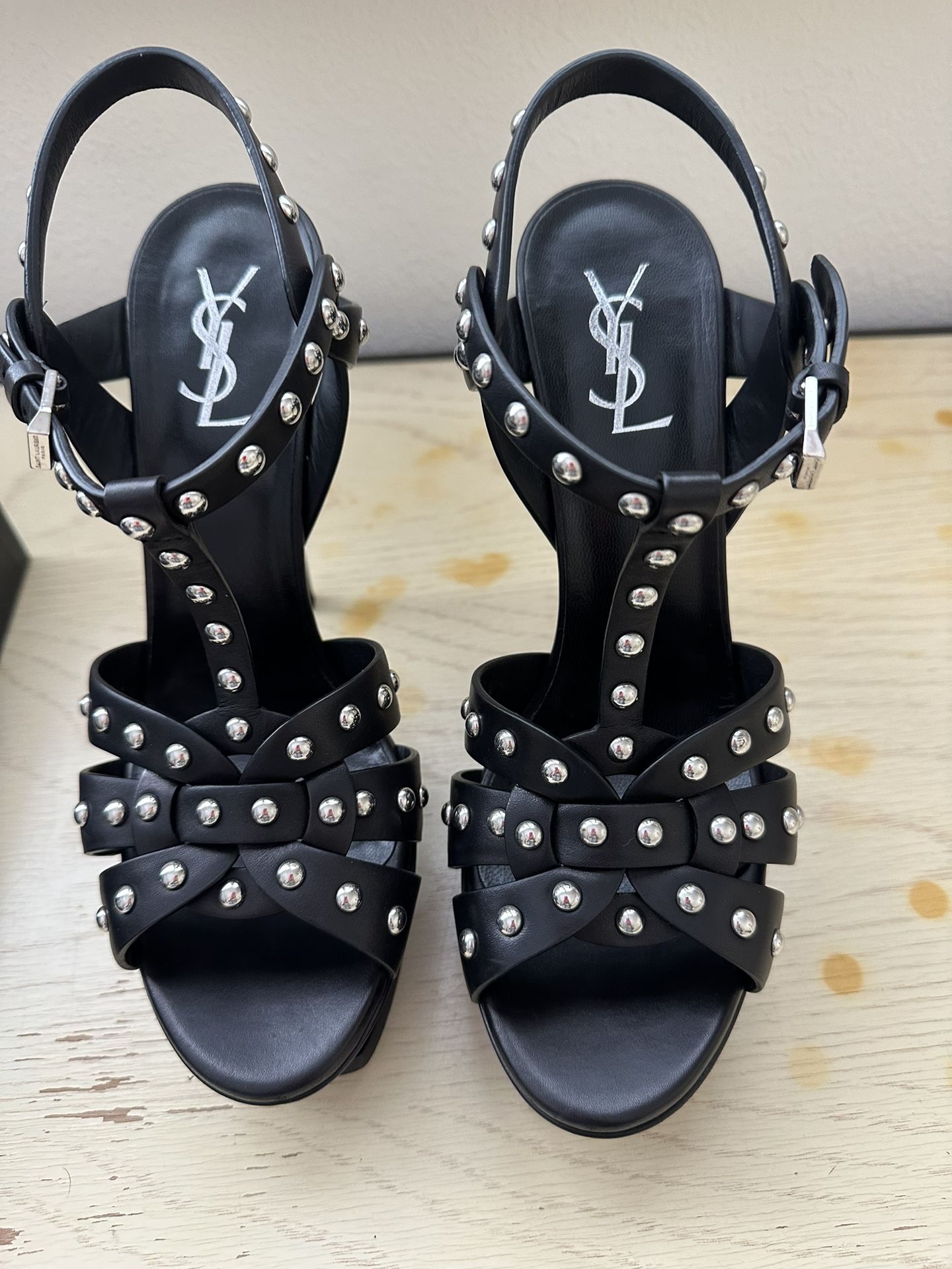 Saint Laurent Black Leather Studded Platform Heels 39