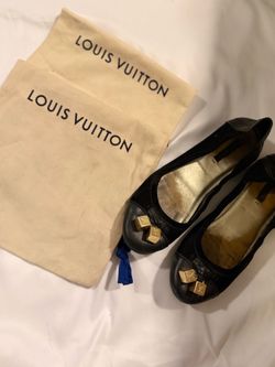 Vintage Louis Vuitton Black Leather Ballet Flats w Gold Accents size 38