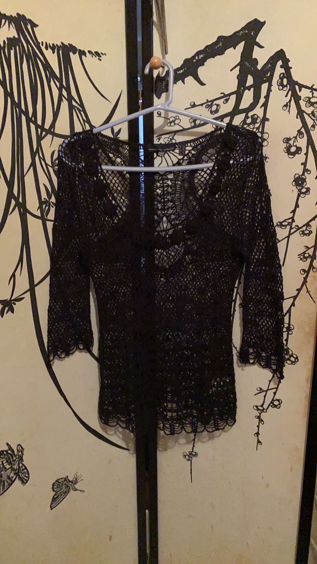 Kapalua Women’s Black Crochet Blouse Tunic Embellished W/Beads Sparkling