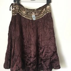 Silky, Crushed Look Brown CACHE SKIRT With Beaded Gold Waistband. Size 10. NWT!