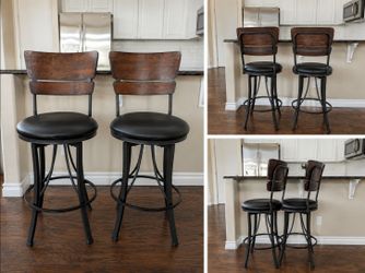 Pair of Industrial Swivel Bar Stools - Wood and Metal
