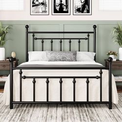 14'' Queen Size Metal Platform Bed Frame, Vintage Headboard, Black 50'' Tall Victorian Headboard/Footboard/Mattress Foundation/Under Bed Storage/No Bo