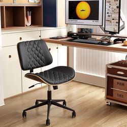 Home Office Chair No Arms with Wheels, Armless Adjustable Height Small Desk Chair, Armless PU Leather Computer Chair Mid Back 360 Swivel, Modern Walnu