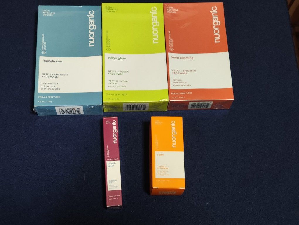 Nuorganic FACE Skincare Lot (3) Face Masks (1) Vitamin C Serum (1) Eyebrow Gel