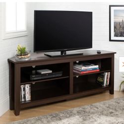 58 in. Espresso MDF Corner TV Stand 60 in. with Adjustable Shelves