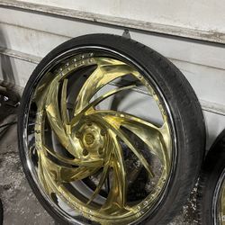 USED 26 INCH SAVINI FORGED WHEELS RIMS TIRES STEERING WHEEL GOLD AND CHROME