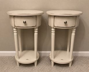 Sets of 2 Tall End Table with Drawer, 2-Tier Rustic Round Side Table with 4 Wood Leg, Off-White Nightstand Sets with Hand-Painted Finish, Small Accent