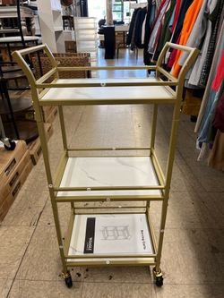 VASAGLE Bar Cart Home Serving w/ 3 Tiers Kitchen Shelf w/ Wheels - Gold *open box*