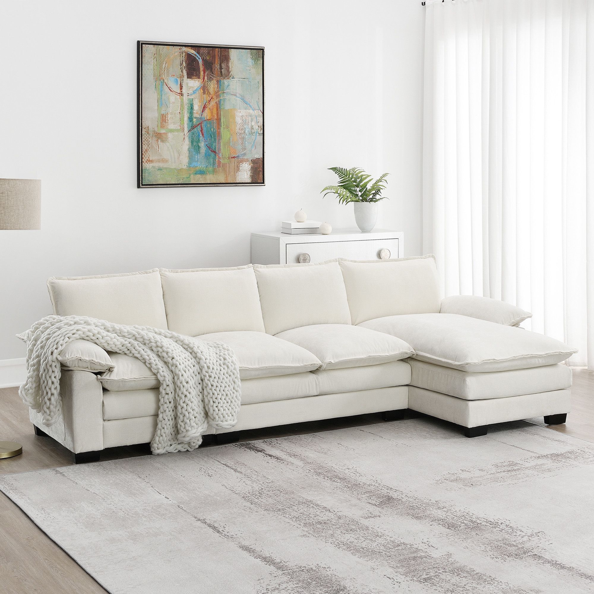 118*55 Modern L-shaped Chenille Cloud Sofa with Double Seat Cushions,5-seat Upholstered Indoor Furniture,Sleeper Sofa Couch with Chaise Lounge for Liv