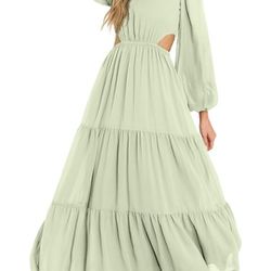 Green Women's Casual Long Sleeve Crew Neck Dress Cut Out Formal Maxi Dresses Tiered Cocktail Christmas Party Dress

