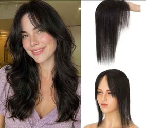 Human Hair Clip In Topper w/ Air Bangs 360° Coverage 3.5"×4.7" 3D Lace Base 12" 19g Black