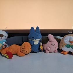 Official Pokémon 5" Sleeping Plushie Bundle Lot of 5 | Jazwares Oshawott Charmander Munchlax Cleffa Rowlet