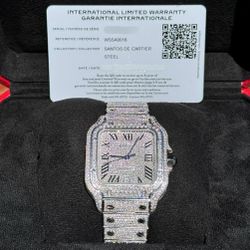 Cartier Santos 40mm Large diamond set iced out bussdown watch pave Roman dial open card box