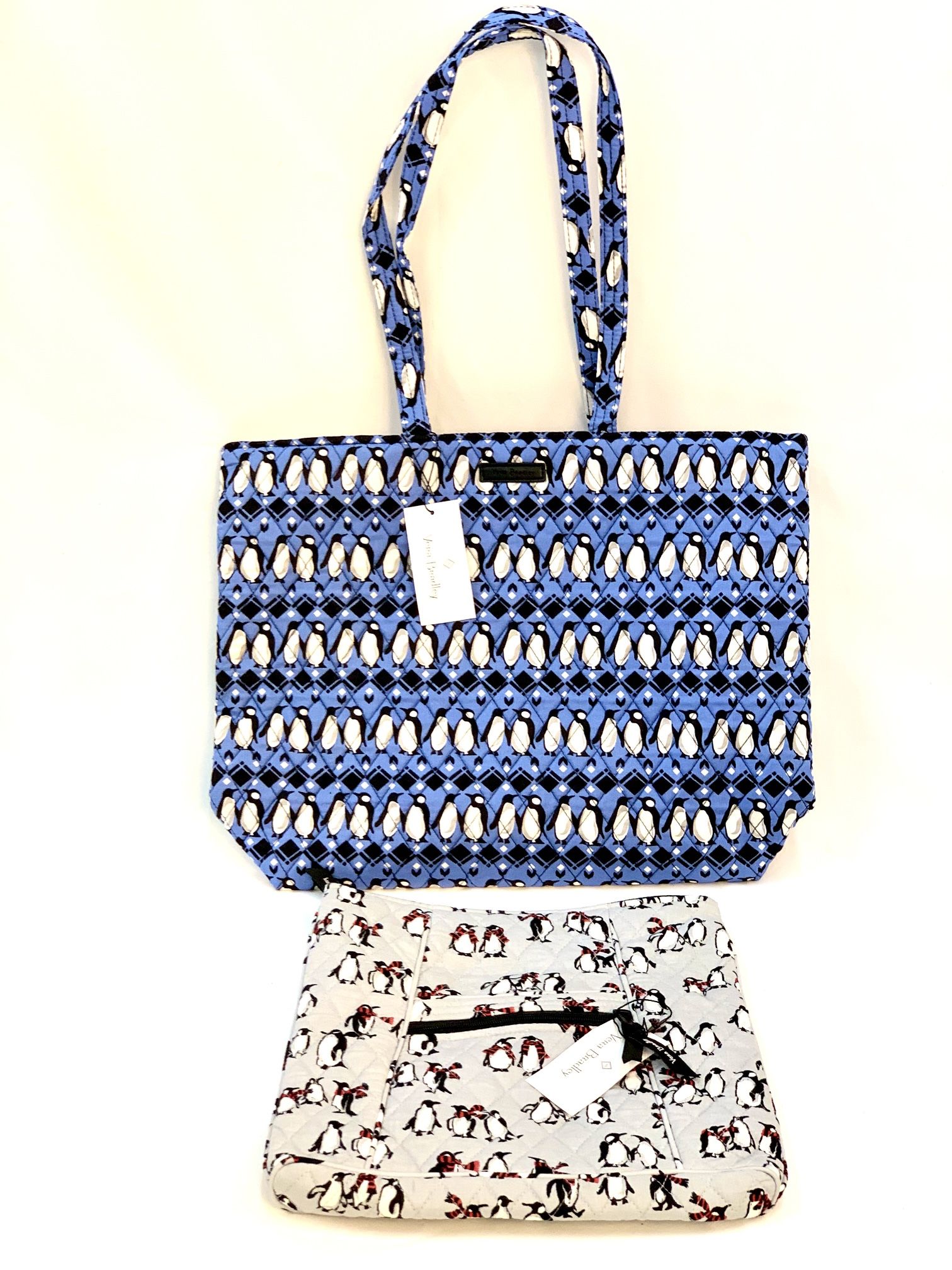 Vera Bradley Playful Penguins Blue Essential Tote and Hipster Crossbody Bag