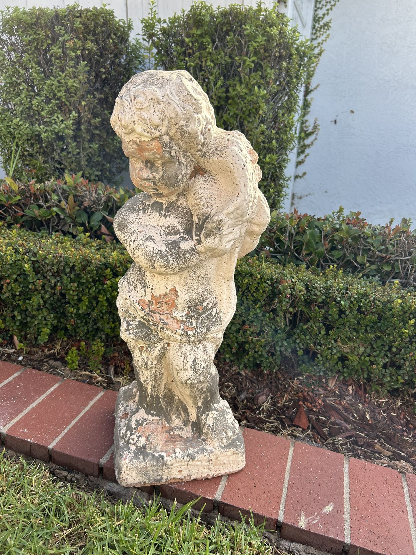 Vintage Weathered Terracotta Garden Statue Boy holding Conch Shell Chippy Architectural Sculpture Collectible Weathered Sculpture Figurine Lawn Art Vi