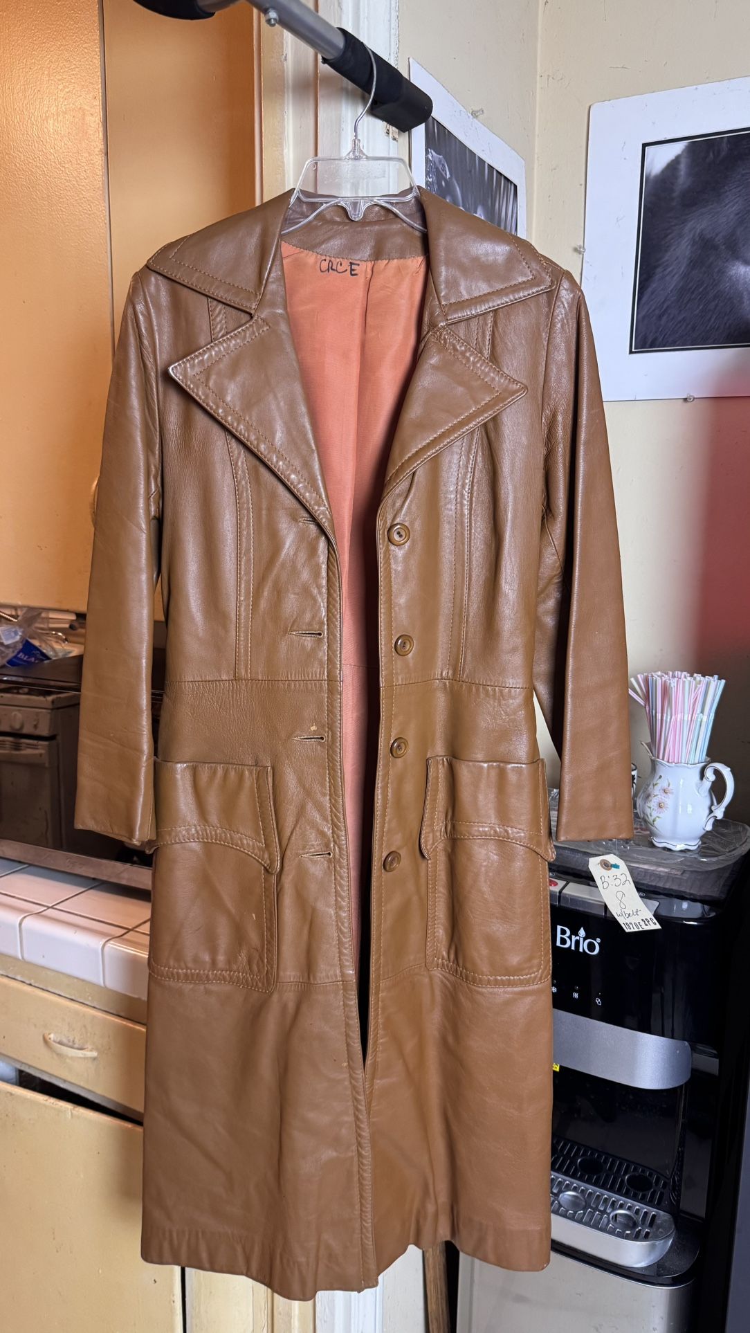 Vintage Brown Leather Trench Coat with Front Pockets 1970s