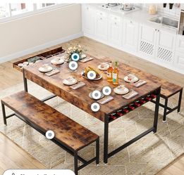 Loomie 63" Dining Table Set for 4-6, 3-Piece Kitchen Table with 2 Utensil Drawers, 2 Benches & Wine Rack, Modern Space Saving & Heavy Duty Dinner Tabl