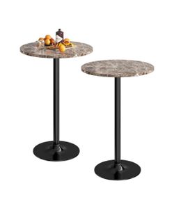 2-Piece 39.5 in. H Marble Pedestal Round Bar Tables with Metal Base and Wood Top