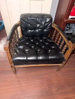 Vintage Wood Frame Tufted Black Leather Armchair & two seater