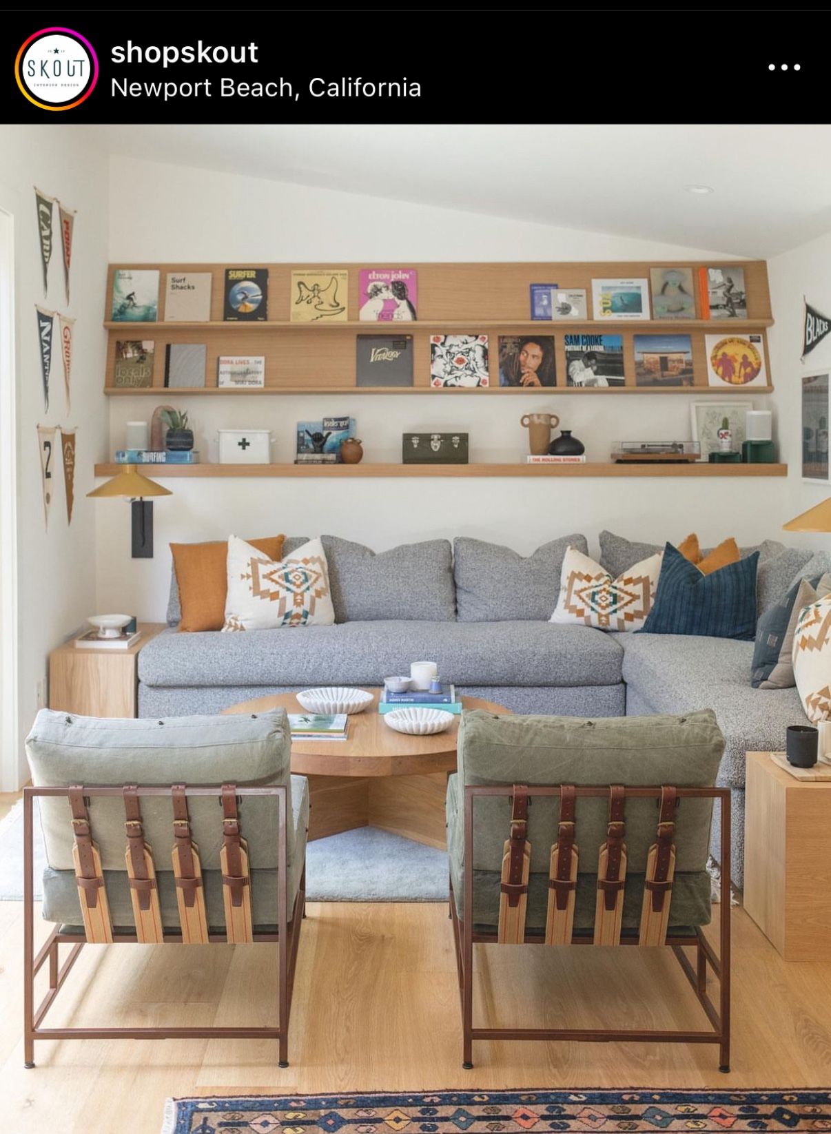 Custom Sectional Sofa and White Oak End Tables By Skout interiors, Amber interiors, Schoolhouse Gantry Sconces For Sale