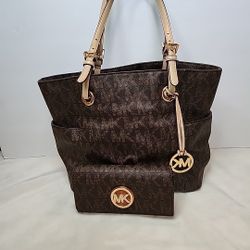 MICHAEL Kors Brown Signature Coated Canvas Leather Jet Set East West Tote Bag 