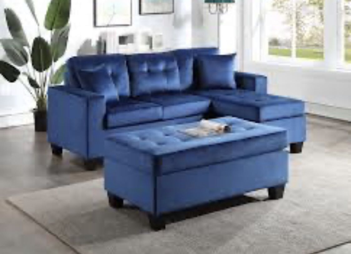 blue sectional and ottoman
