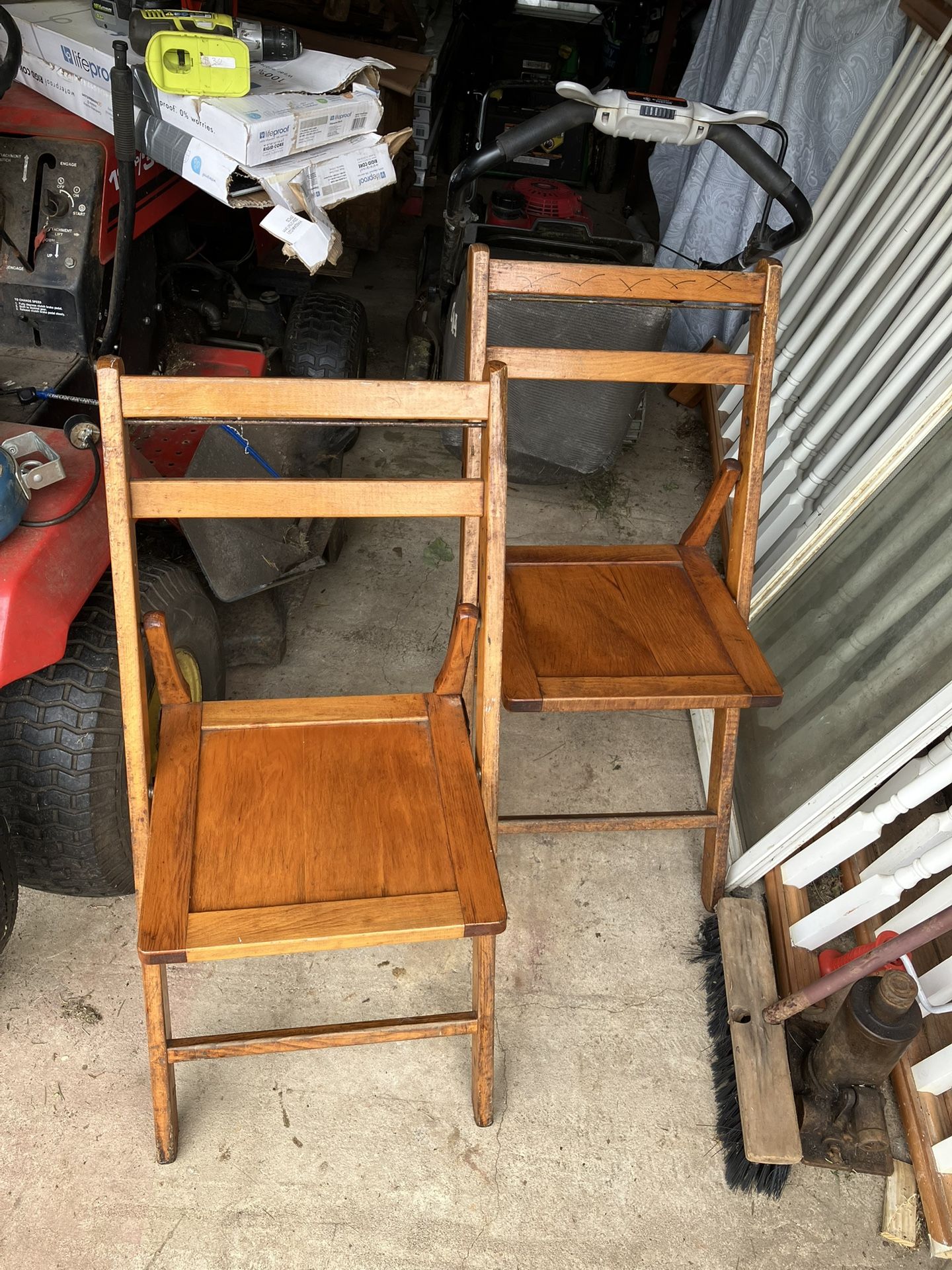 2 Vintage Antique Oak, Folding Wood Chairs