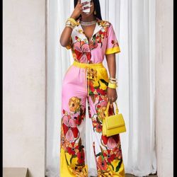 BamGleam Women's Vacation Yellow Floral Print Short Sleeve Shirt And Wide Leg Pants 2 Pieces Set SummerHoliday