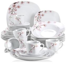 VEWEET Annie Porcelain Dinnerware for 6, 30-Piece Pink Floral Dish Set With Plates and Bowls Including Dinner, Dessert, Soup, Cups & Saucers