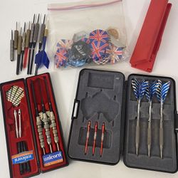 Unicorn ( New) & Accudart Steel Tip Dart Sets w/ Flights in Cases Plus Misc Darts Flights