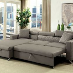 Brand New Grey Leather Contemporary Style Sectional Sofa Storage Sleeper 