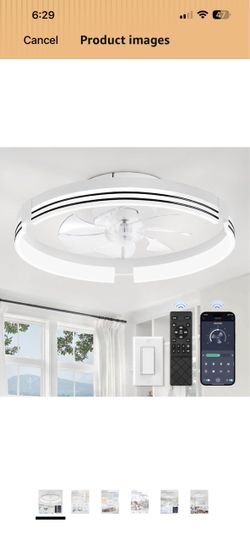 Low Profile Ceiling Fans with Lights and Remote, 20 “ White 3000K-6000K Dimmable Fandelier LED, Flush Mount, 6 Wind Speeds, Reversible, Timer, Bedroom