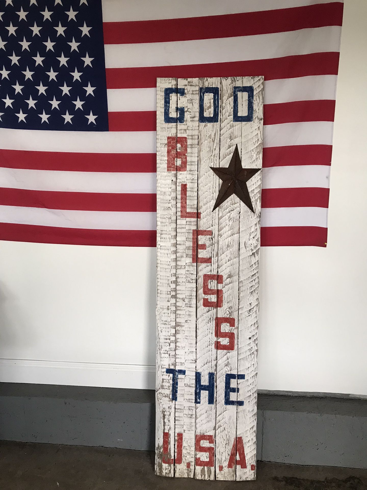 6 FOOT TALL “ GOD BLESS THE USA” LEANER BOARD 