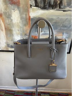 DKNY Gray Saffiano Leather Satchel Tote Crossbody Shoulder Bag Gold Hardware