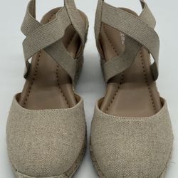 Easy Spirit Meza Women's Espadrille Wedge Sandals Beige Gold Sparkle Size 9.5M