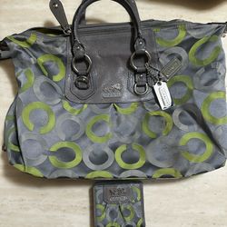 Coach Grey Lime Green Purse Bag And Wallet Set