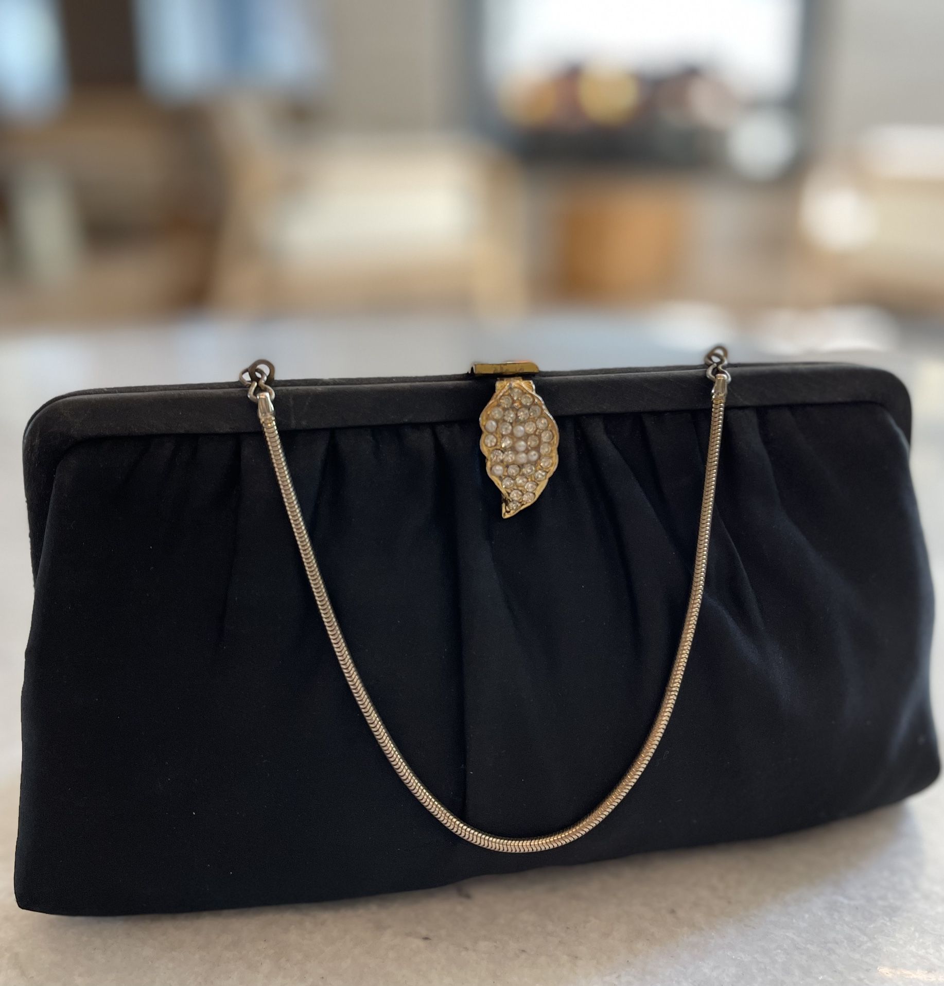 Vintage Evening Handbag Women Black Satin Lined Gold Tone Purse Satchel Bag