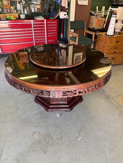 Large Round Chinese Carved Wood Dining Table with Lazy Susan