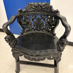 Vintage Chinese Dragon Throne Armchair Black Lacquer Hand Carved Ornate Chair